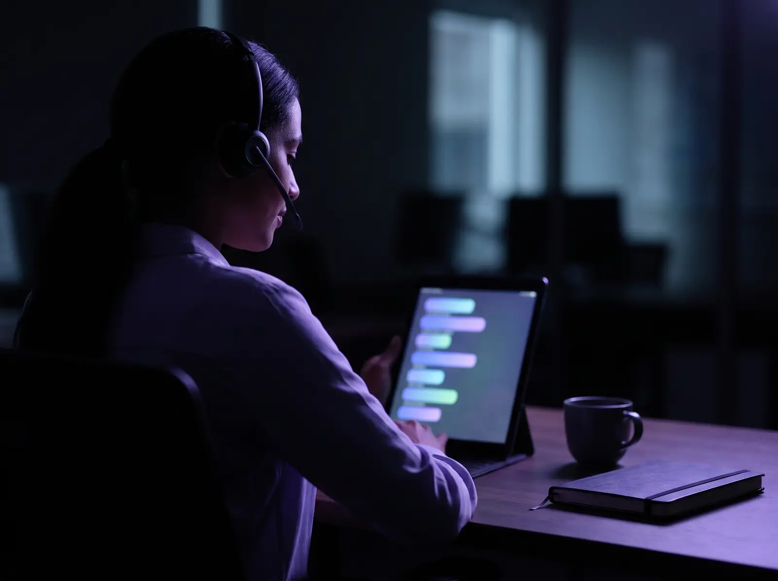 A care manager with a headset working through a ranked list on a tablet